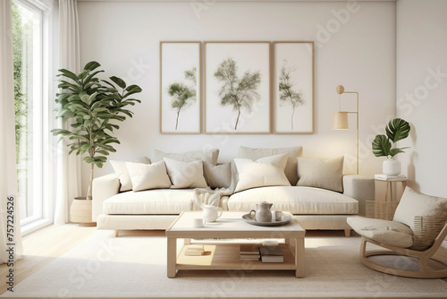 Elegant white frame harmonizes with beige and Scandinavian elements, offering a glimpse of a modern living room with plain walls, wooden floor, and a touch of greenery.