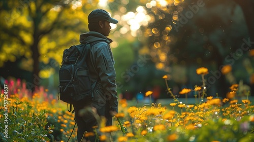 In the early hours of the morning, the maintenance worker man is pictured outside an office building, his reflective vest catching the light as he adjusts his tool bag, ready to address any maintenanc photo