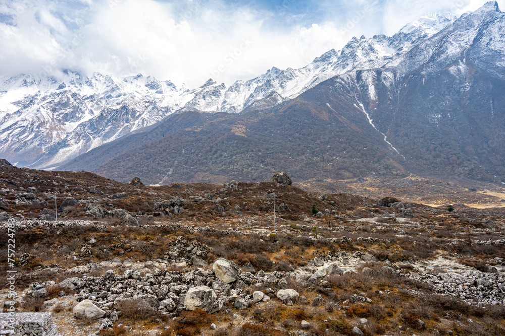 Stony Terrain and Snowy Peaks of the Langtang Valley, Nepal