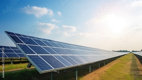 Multiple renewable energy systems with solar panels for electricity and hot water under blue skies and bright sunshine in summer