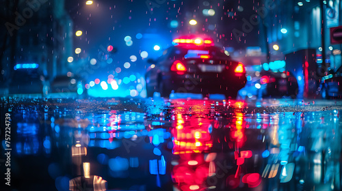 A police car with blue and red lights flashing, reflected in the rain-slicked streets of a bustling urban metropolis at night.  © thisisforyou