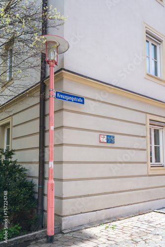 Street sign Kreuzgangstraße at the Saxon state parliament in Magdeburg, Magdeburg Saxony-Anhalt, Germany