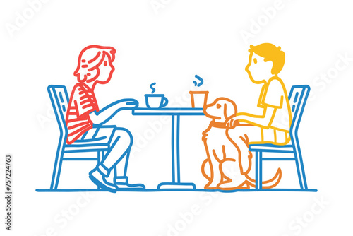 Pet friendly place for animal lovers. Happy healthy pet with owner in public place. Emotional support furry family member. Line drawn style illustration. © Lion