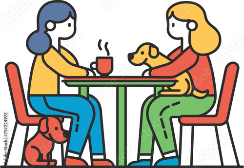 Happy pets with owners having great time while drinking tea or coffee sitting at the table. Dog sits on knees of girl. Pet friendly place for animal owners.