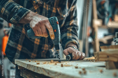 Close up of male mechanic holding electric cordless screwdriver drill with wood screw in the factory. Working with the screw. Professional carpenter. Concept furniture at home. photo