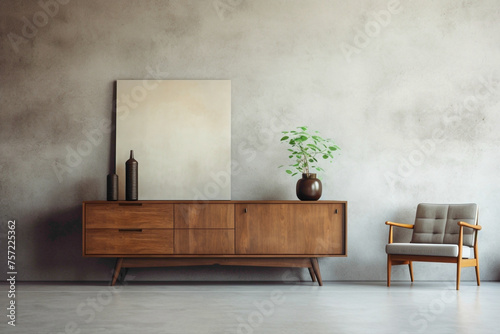 Imagine a stylish interior design featuring a wooden cabinet and dresser against a textured concrete wall. A vacant poster frame provides a platform for your creative designs.