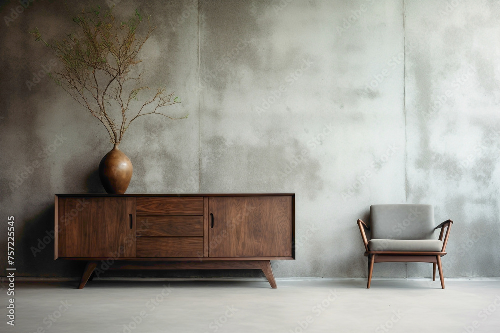 Imagine a modern interior featuring a wooden cabinet and dresser against a textured concrete wall. A vacant poster frame beckons for your creative designs. Imagine a modern interior featuring a wooden cabinet and dresser against a textured concrete wall. A vacant poster frame beckons for your creative designs.