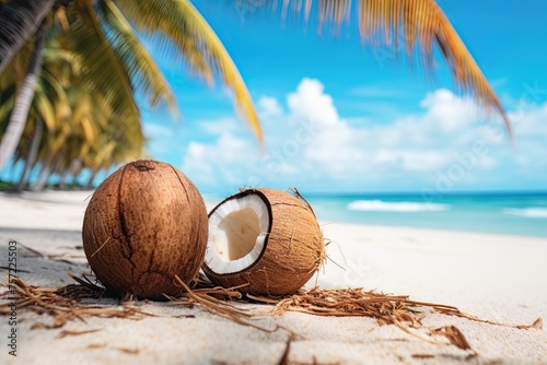 Coconuts at the tropical sandy beach with ocean and palm trees in background. Ai Generative
