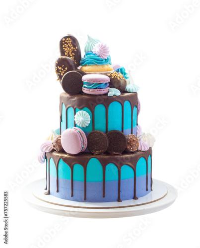 Cuadro en lienzo Layered blue cake on cake stand on a white background