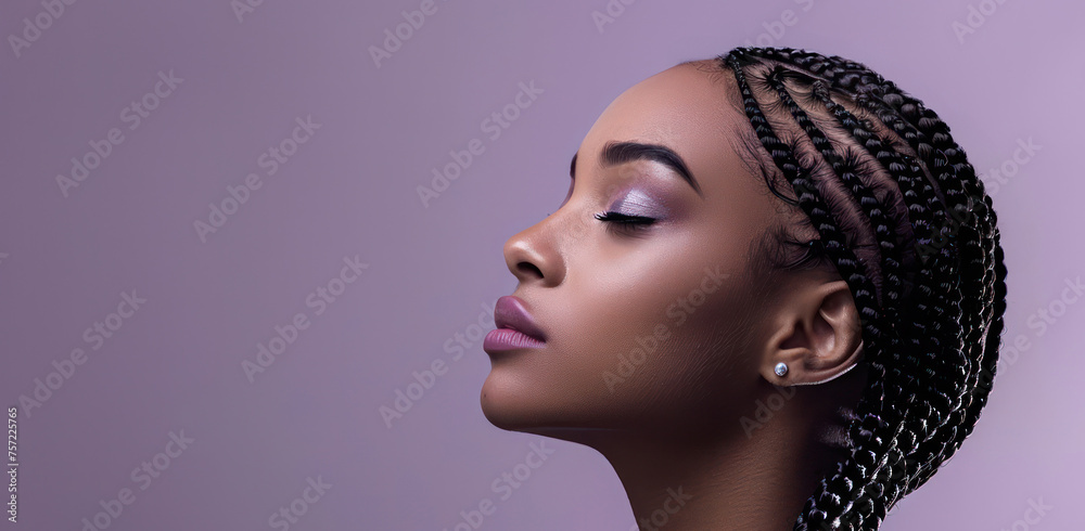 Serene Beauty: African American Woman with Intricate Braid Hairstyle Against a Soft Purple Background, banner with copy space Serene Beauty: African American Woman with Intricate Braid Hairstyle Against a Soft Purple Background, banner with copy space