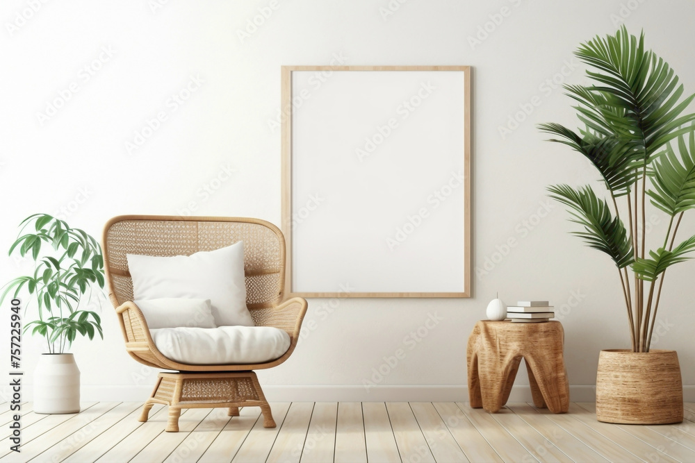 Get lost in the boho-chic vibes of a stylish living area with a wicker chair, floor vases, and a blank mockup poster frame against a bright white wall.