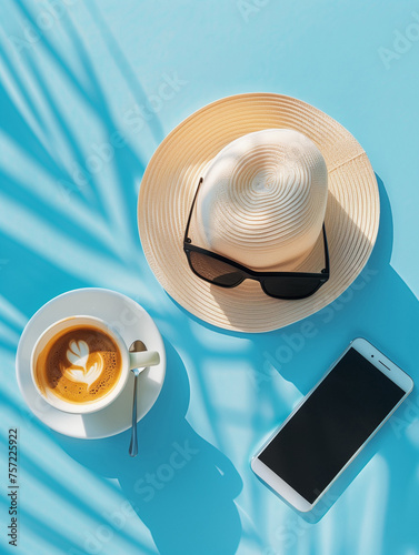 Female summer vacation set on blue background. Hat, phone and cappuccino. Vertical layout