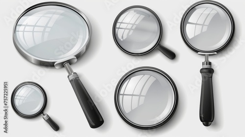 Magnify glass in different vantage points. Realistic modern set of metal loupes with plastic handles and transparent enlarging lenses for focusing or searching. Zoom and magnification optical