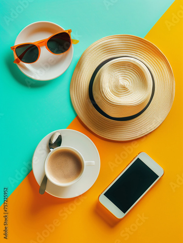 Female summer vacation set on yellow and green background. Hat, phone, cup of  coffee and sun glasses on the saucer