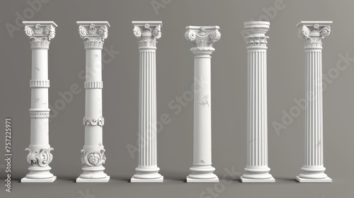 Roman column made of white clay. 3D modern illustration set of greek stone pillar of temple building. Antique marble colonnade for design of historical construction facades.