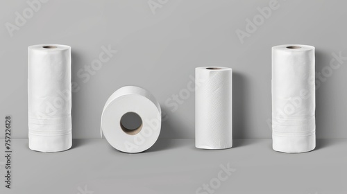 The mock-up can be used as a mock-up of sanitary tissue rolls, toilet paper spools, or for a modern set of realistic kitchen towels with a carton spool cylinder tube standing or lying isolated on a photo