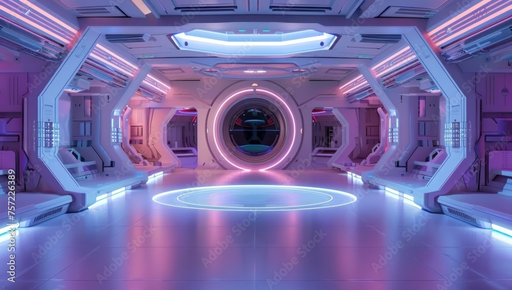 Cyberpunk sci-fi product podium showcase in spaceship base with blue and pink background, Futuristic Sci Fi Empty Stage neon in a room, Futuristic pedestal for product presentation background