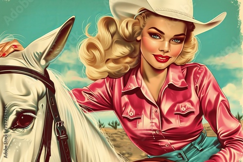 vintage americana illustration blond retro cowgirl with a white hat and pink cowboy clothes on a white horse