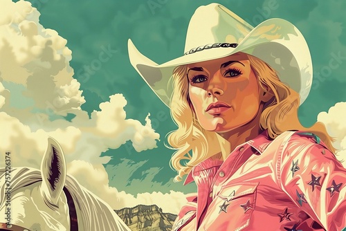 vintage americana illustration blond retro cowgirl with a white hat and pink cowboy clothes on a white horse