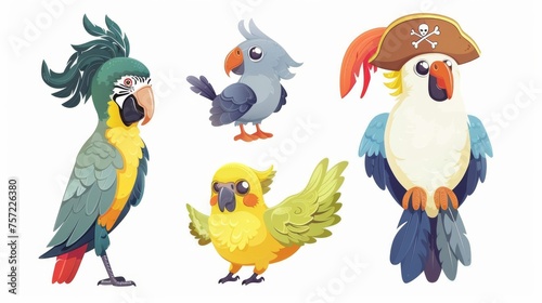 A cute bird set isolated on white background. Modern illustration of an exotic cockatoo parrot  a comic feathered mascot in a pirate hat with a spyglass  a gray dove and a yellow canary.