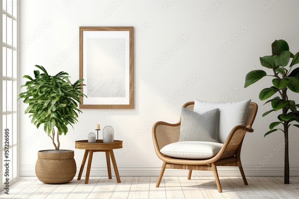 Explore the bohemian elegance of a stylish living room with a wicker chair, floor vases, and a blank mockup poster frame against a clean white backdrop. Explore the bohemian elegance of a stylish living room with a wicker chair, floor vases, and a blank mockup poster frame against a clean white backdrop.
