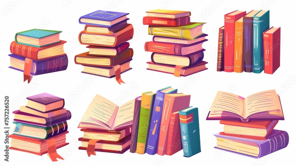 Set of cartoon modern illustration of a book stack and a book in an open and closed position. This set is a combination of a tall and a small pile of literature with paper pages, colorful hard Set of cartoon modern illustration of a book stack and a book in an open and closed position. This set is a combination of a tall and a small pile of literature with paper pages, colorful hard
