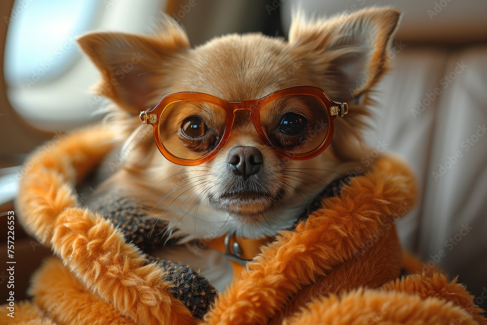 Chihuahua dog wearing orange sunglasses and a matching coat, looking stylish and adorable.