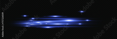  Blue glowing neon line. Explosion of light horizontal flare. On a transparent background.