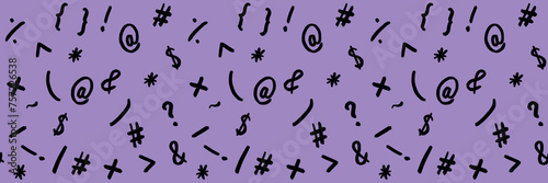 pattern with the image of keyboard symbols. Punctuation marks. Template for applying to the surface. pastel violet background. Keyboard symphony. Horizontal image. Banner for insertion into site.