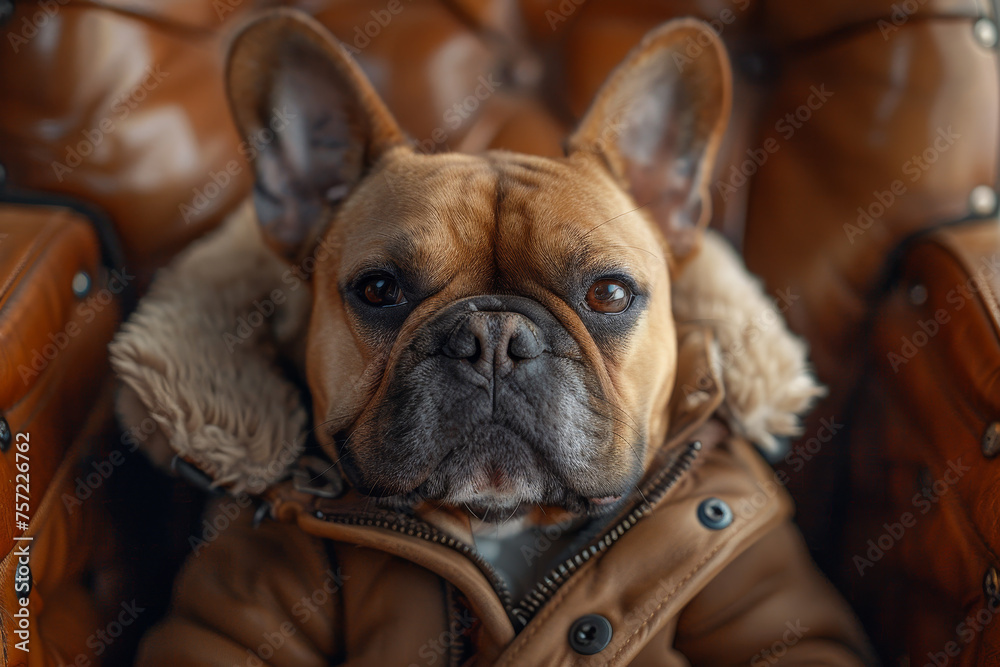 French Bulldog in Winter Jacket Relaxing in Car