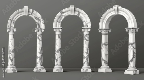 Decorative 3D set of antique marble arches isolated on a transparent background. Modern realistic illustration of ancient roman and greek style architecture design elements.