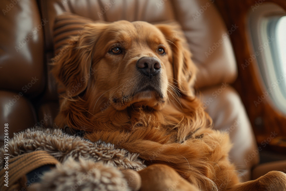 Golden retriever lounging on a cozy blanket indoors, with a warm, contemplative expression.