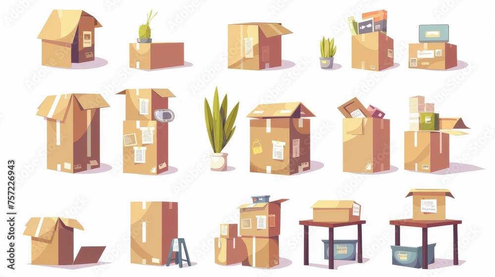 House stuff box for moving to a new home concept. Cartoon modern set of cardboard packages stacking with belongings for delivery or storage in garage.