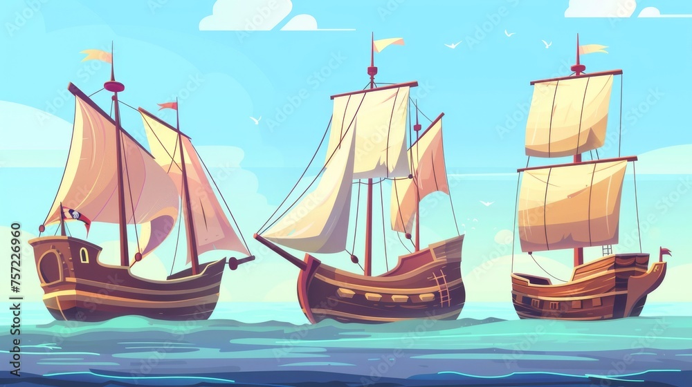 Illustration set of vintage sailing ships with wooden decks and masts ...