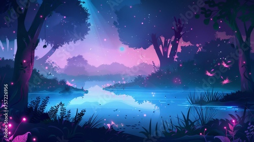 Fireflies fly above a small lake in a dream forest under the moonlight at night. Cartoon dark blue modern fantasy landscape with trees and bushes.