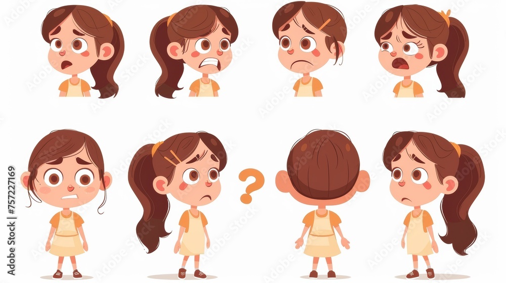 An animated modern illustration of a young girl speaking with different lips positions as she pronounces letters of the English alphabet with sad and angry emotions. An animated modern illustration of a young girl speaking with different lips positions as she pronounces letters of the English alphabet with sad and angry emotions.