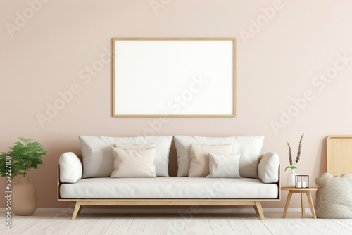 Experience the harmony of a single beige and Scandinavian sofa with a white blank empty frame for copy text, against a soft color wall background. © Usman