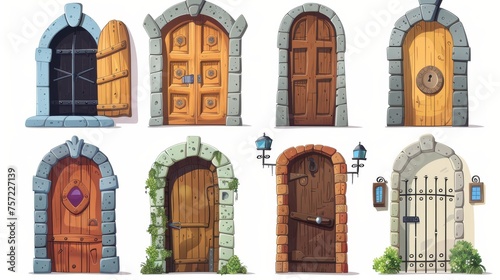 Modern cartoon illustration of the old architecture of historical buildings, stone porch, arch doorway with gate locked, iron doorknob, medieval wooden doors set isolated on white background.