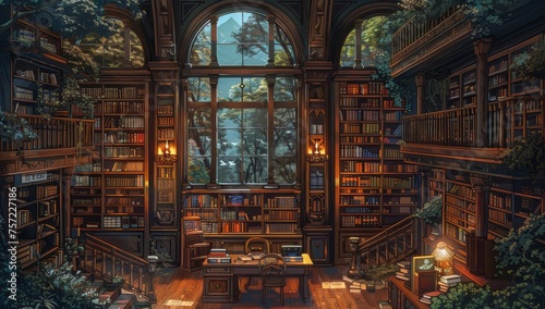 An anime style drawing of an old library with many wooden bookshelves, wooden floors and stairs leading to different levels.