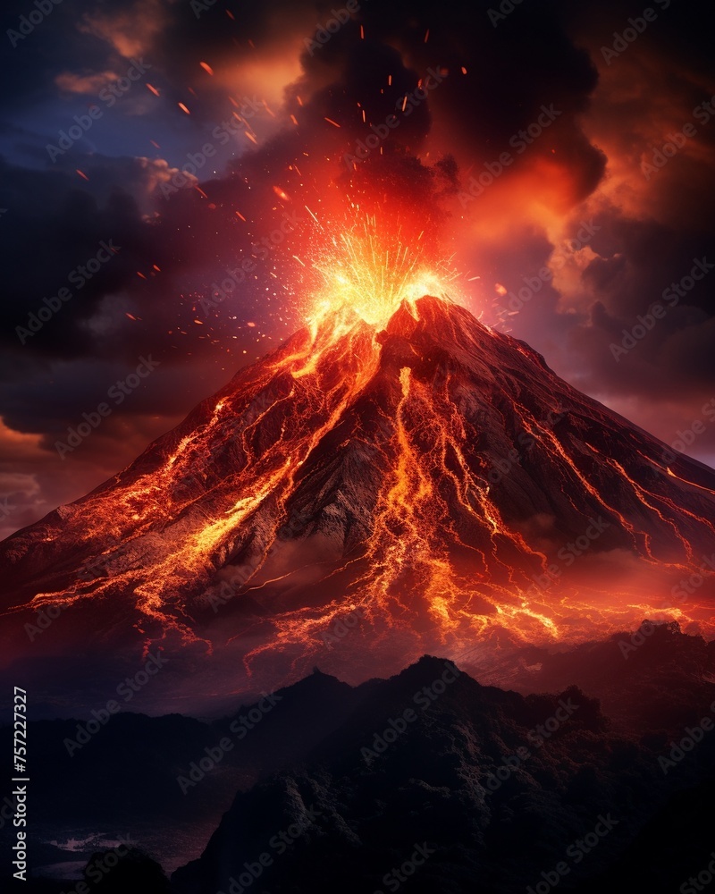 Experiment with different lighting effects to create a surreal atmosphere around the volcano