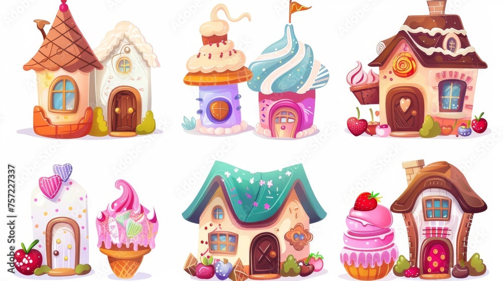 Houses made of cake and cookie, chocolate, ice cream, and berries. Cartoon modern illustration set of cute fantasy dessert homes for candyland design.