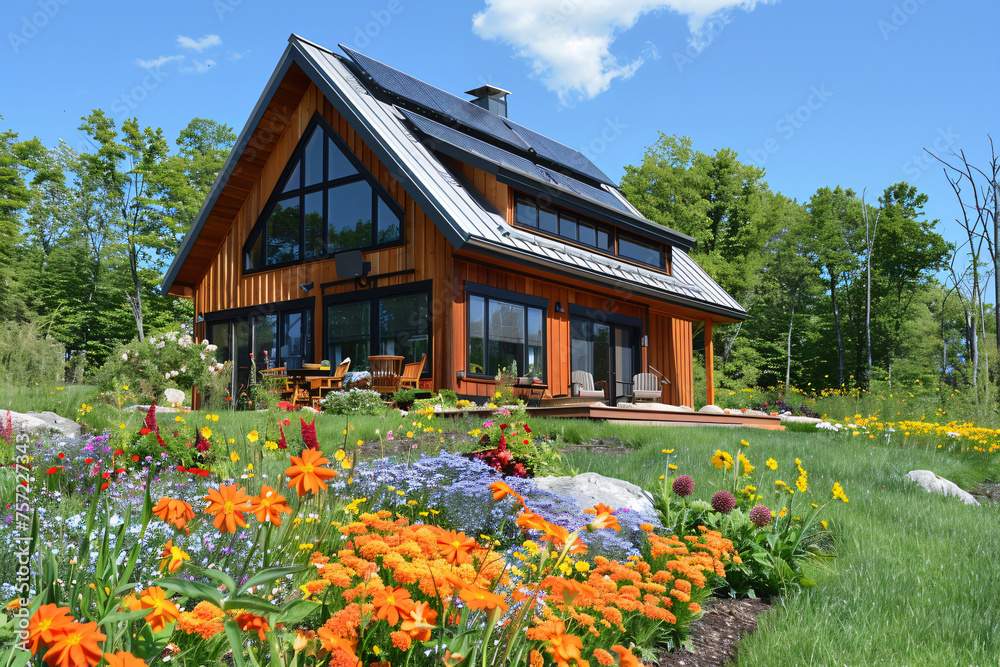 Luxury eco-friendly home with solar panels amidst landscaped gardens. Sustainable living and modern architecture concept for real estate and lifestyle design