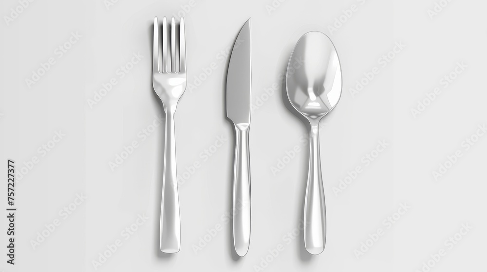 This modern realistic illustration shows a 3D set of fork, knife, and spoon on a white background. The design represents a modern restaurant kitchen flatware design, and is ideal for use in This modern realistic illustration shows a 3D set of fork, knife, and spoon on a white background. The design represents a modern restaurant kitchen flatware design, and is ideal for use in
