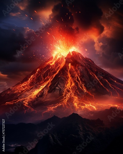 Experiment with different lighting effects to create a surreal atmosphere around the volcano