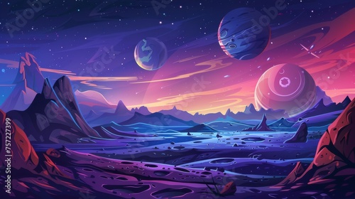 This is a cartoon illustration of a cosmic landscape with alien planets and craters in the deep cosmos sky with space bodies. This is a fantasy universe object scenery for exploration concept. photo