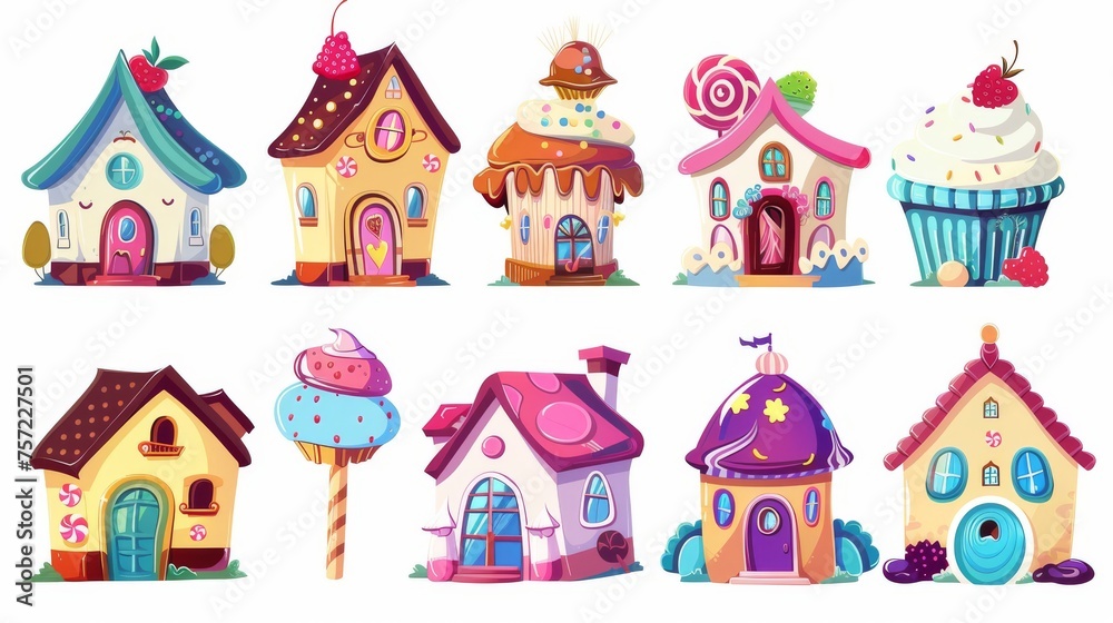 Various sweet fantasy dessert homes made out of cake, cookie, chocolate, a lollipop, and berries. This is a cartoon modern illustration set of cute fantasy dessert homes for candyland design.