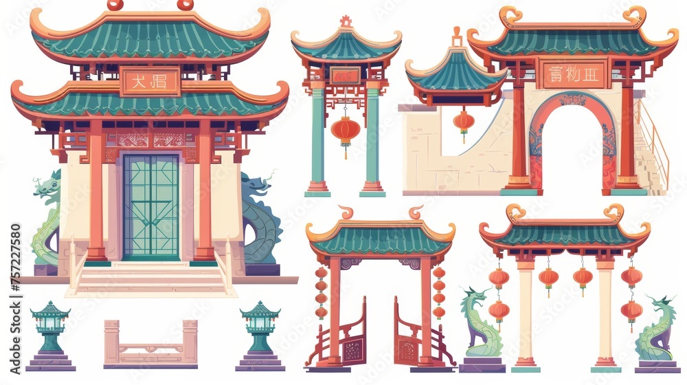 Decorative Chinese house or temple door with roof, stairs, and lanterns. Cartoon modern illustration set of an arch gate on an Asian pavilion.