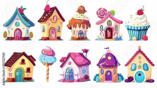 Various sweet fantasy dessert homes made out of cake, cookie, chocolate, a lollipop, and berries. This is a cartoon modern illustration set of cute fantasy dessert homes for candyland design. © Mark