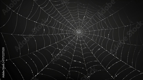 Arachnid trap for insects. Modern scary spooky cobweb web on black background. Creepy decoration texture with thin sticky thread line on dark. Creepy spider web background for halloween concept. © Mark