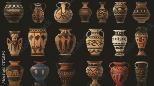 An ancient set of ancient vases isolated on a black background. Illustration of an antique pottery set, vessels with cracks and ornament patterns, a brown clay jar, an amphora, a ceramic urn, and a